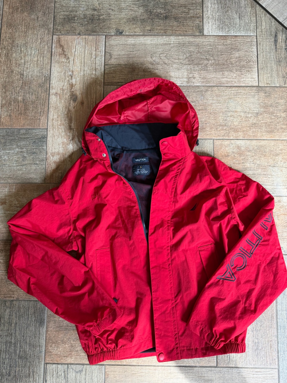 Nautica Red Hooded Windbreaker with Sleeve Branding